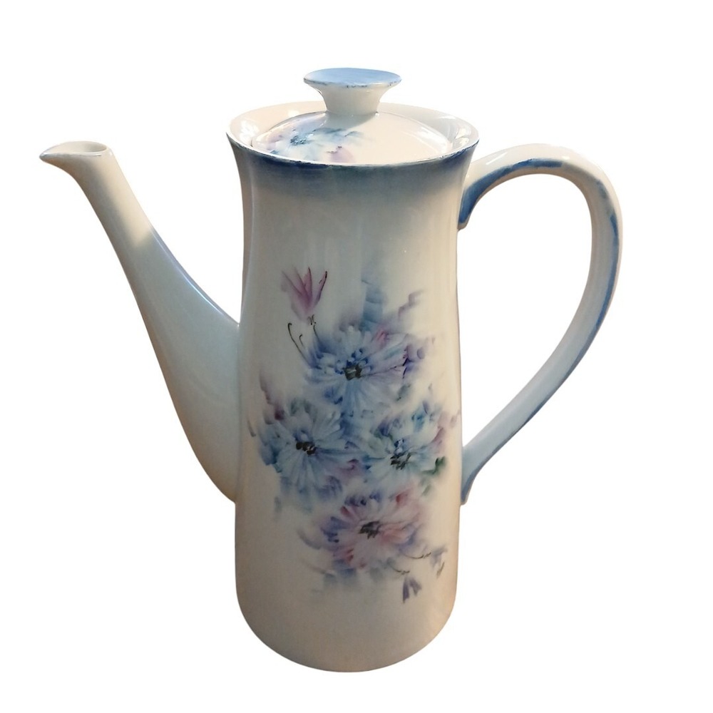 Vintage Blue Pink White Floral Tea Coffee Pot with Lid Ceramic Porcelain 10Tx9W